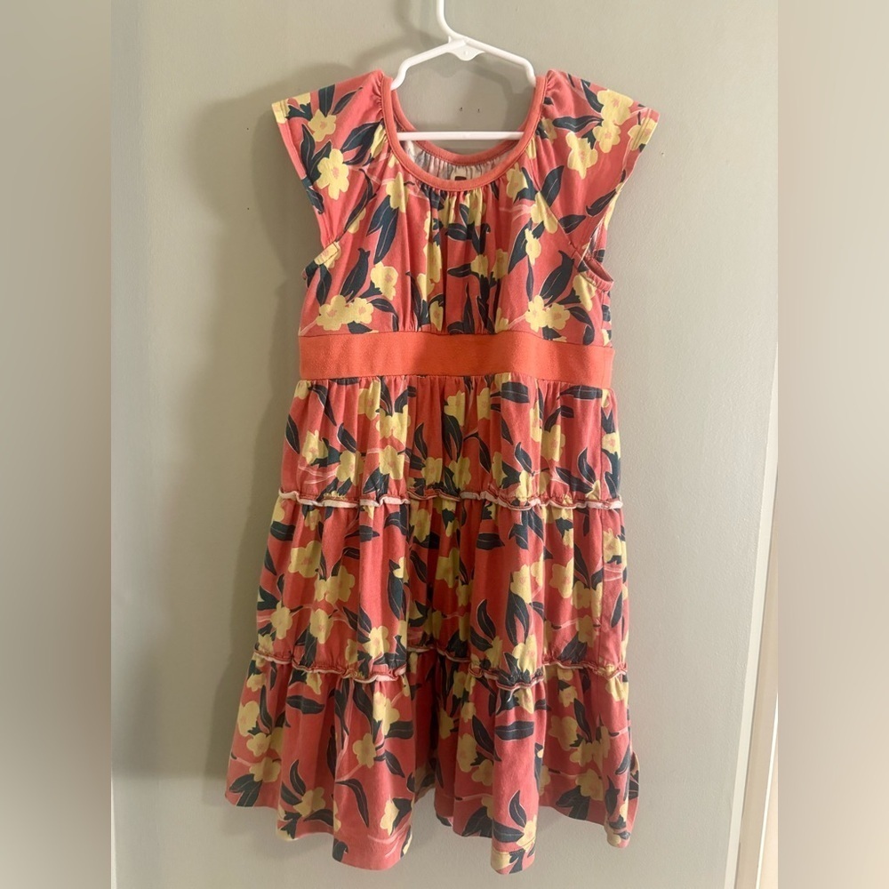 Tea Collection Girls Dress Size 5 Coral Yellow Floral Tiered Cotton Cap Sleeve